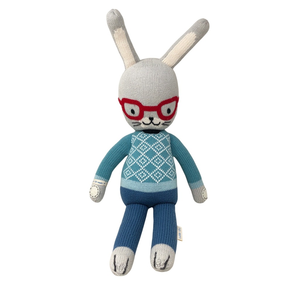 Cuddle + Kind Benedict the Bunny 20" Plush Blue Knit Fair Isle Sweater Glasses